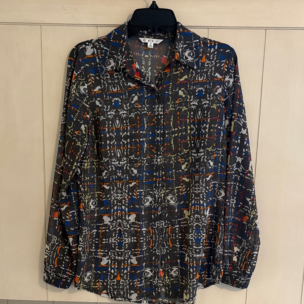 Cabi Patterned Black Button-Up Blouse with Multicolor Accents